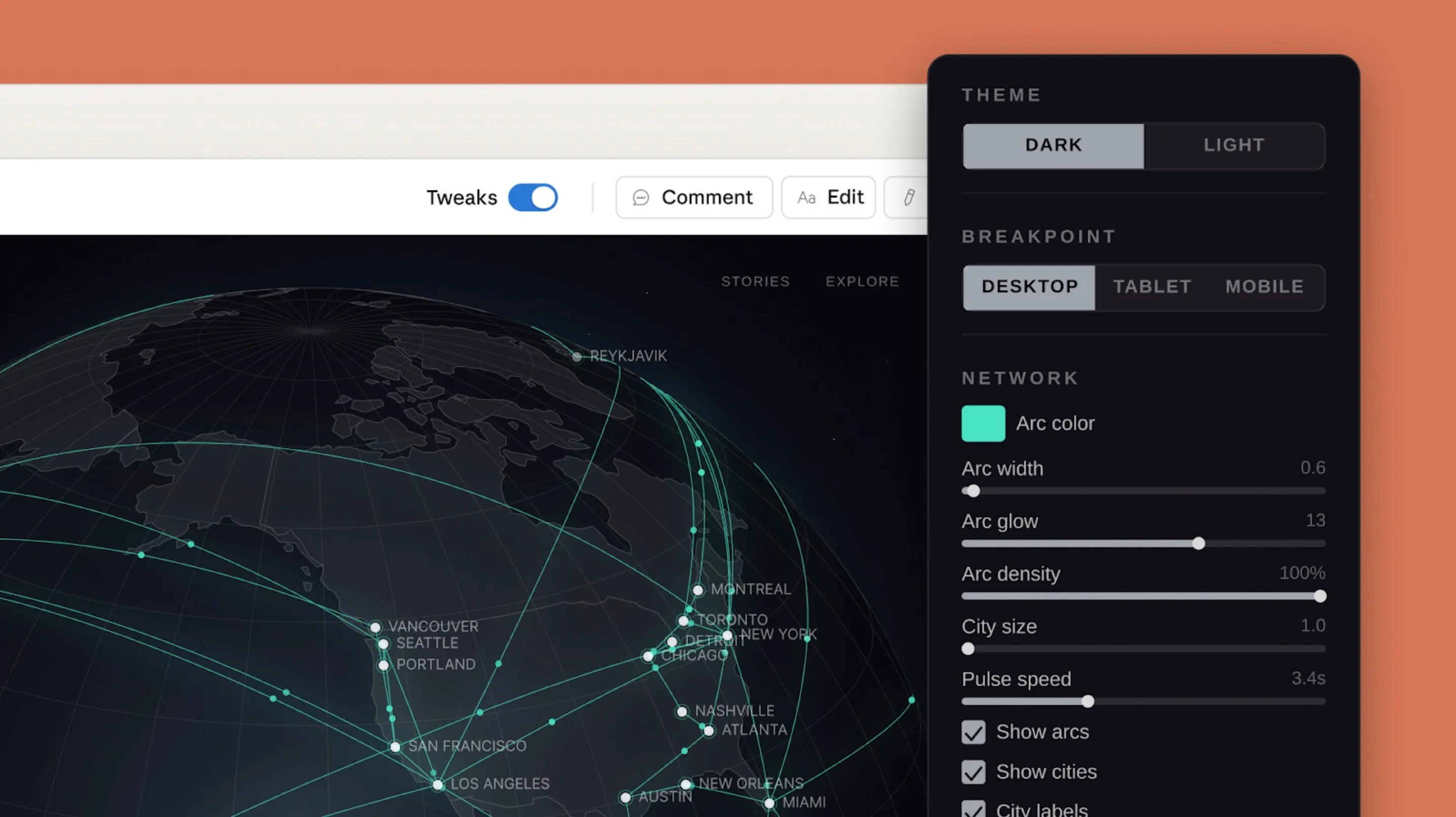Interface de Claude Design : un canevas de création (visualisation d'un réseau mondial) avec barre d'outils Tweaks / Comment / Edit et un panneau de réglages à droite — thème clair/sombre, point de rupture (desktop/tablet/mobile), paramètres réseau (couleur, épaisseur, densité…).