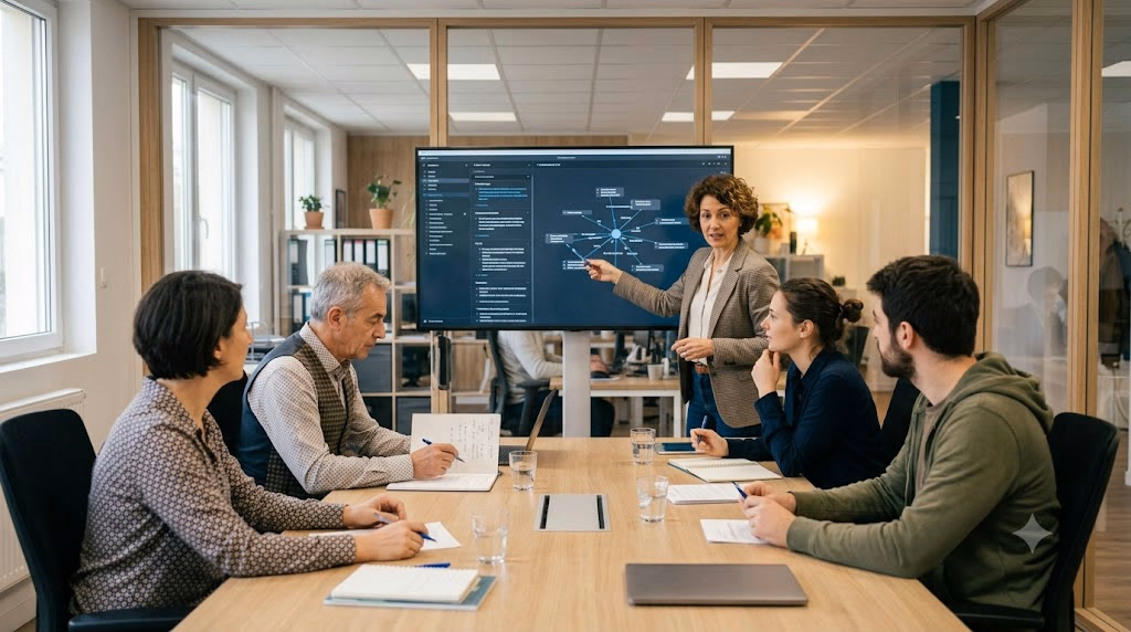 Une réunion de direction devant un grand écran affichant la carte des connaissances de l'entreprise