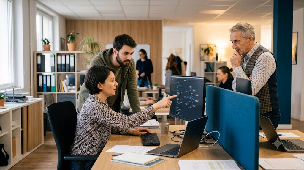 Trois collègues partagent un retour d'expérience autour d'un écran affichant la base de connaissances de l'équipe