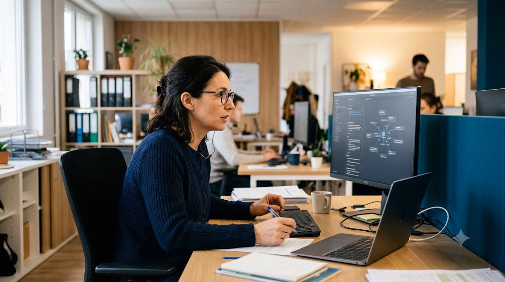 Une collaboratrice dicte une note à son assistant IA, dont l'écran affiche sa base de connaissances personnelle